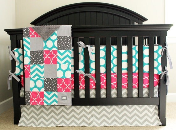 Items similar to Custom Crib bedding - Hot Pink, Turquoise ...