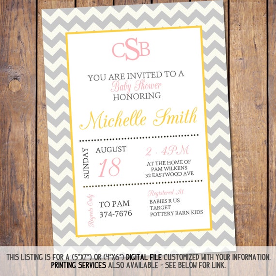 Items similar to Monogram Baby shower Invitation, pink yellow and grey