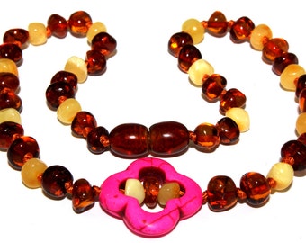 Unique Baby Teething Baltic Amber Necklace with Flower Pendant