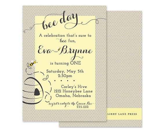 BEE Day Birthday Invitation, yellow and gray, honeybee, PRINTABLE by Libby Lane Press Il_570xn