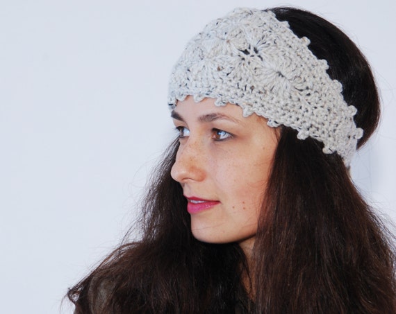 headband gypsy pattern crochet fashion headband, gray women Crochet wool earwarmer, headband,