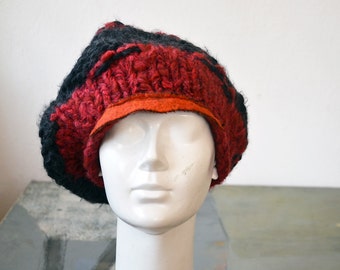slouch knit big red, grey visor beret, orange wool felt elements, unique design OOAK artsy modern boho fashion for woman art to wear hat 167