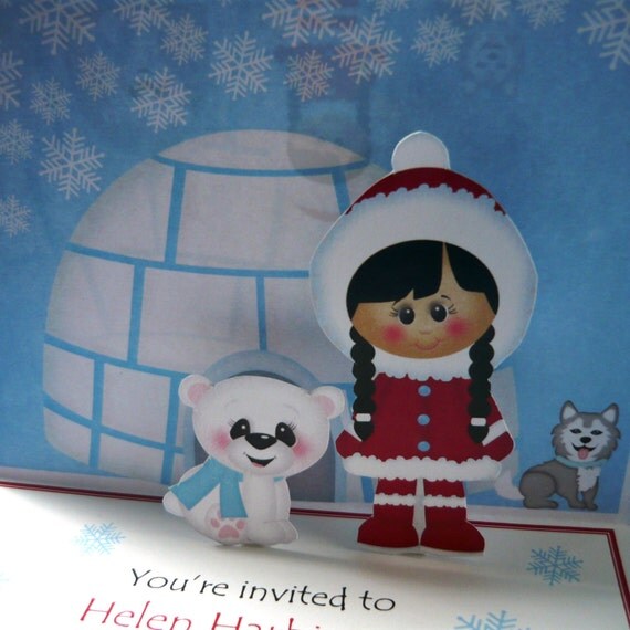Winter Wonderland invitations, igloo invitations, artic birthday invites, invite, invitation, POP UP invitations, winter wonderland birthday Il_570xn