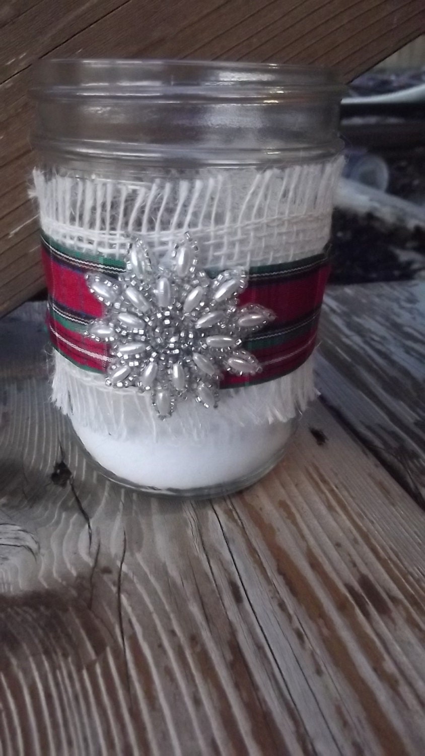 Country Christmas mason jar tea light candle holder decoration with snowflake embelishment