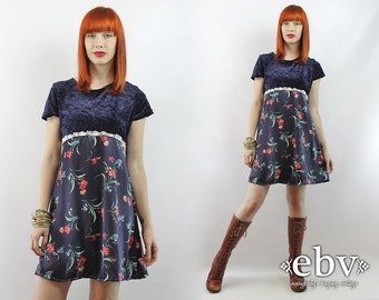90s Floral Dress Babydoll Dress Blue Floral Dress Soft Grunge Dress 90s Grunge Dress Vintage 90s Grunge Navy Floral Mini Dress XS S