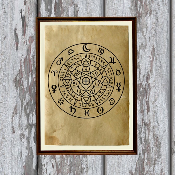 Occult print Alchemy symbol Antique paper Magic art decor