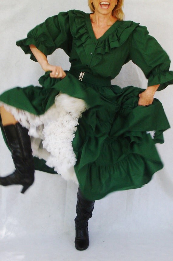Plus Size Vintage Square Dancing Dress Hunter Green Ruffle