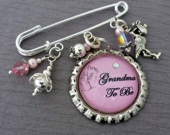 Grandma To Be Pin, Mom To Be, Pregnancy Announcement, Personalized Brooch, New Mom, Stork Charm, Baby Shower Gift Blue, Pink, Gender Reveal