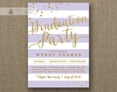 Gold & Lilac Graduation Party Invitation Gold Glitter Lavender Purple Horizontal Stripes Modern Bachelorette DIY Digital or Printed- Wendy Il_170x135