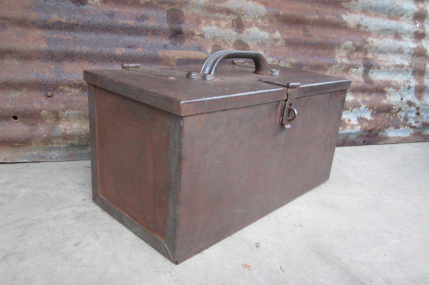 Antique Metal Tool Box Extreme Industrial Look Riveted Handle & Hinges