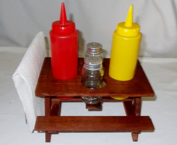 Condiment Caddy Wood Picnic Table Ketchup Mustard Salt Pepper 7840