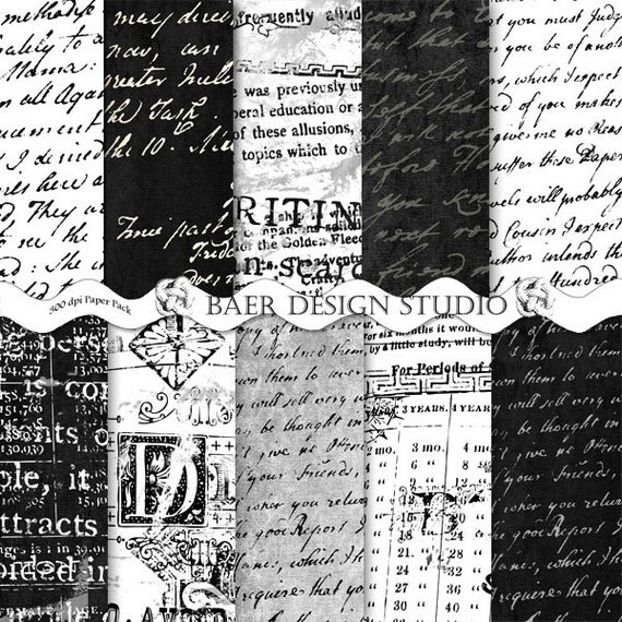 Script Digital Paper:Black and White Script Digital Paper, Black and ...