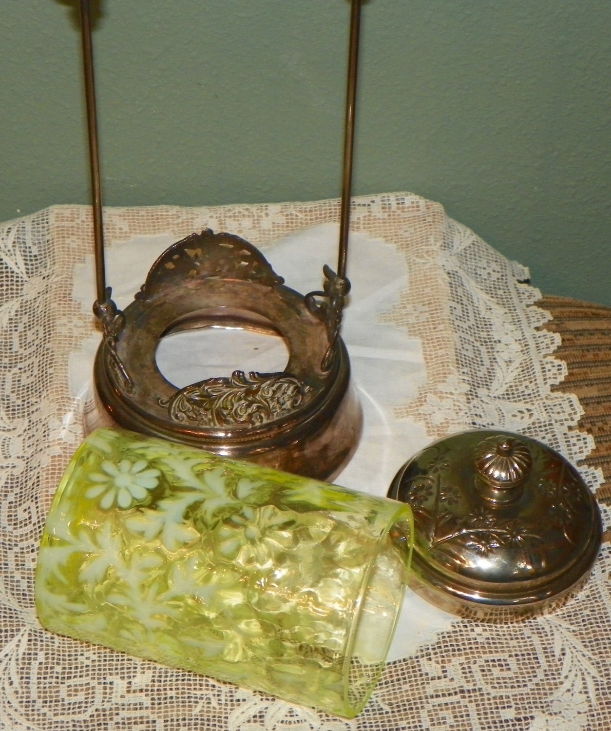 Antique Victorian PICKLE CASTER EAPG Daisy Fern Vaseline Glass