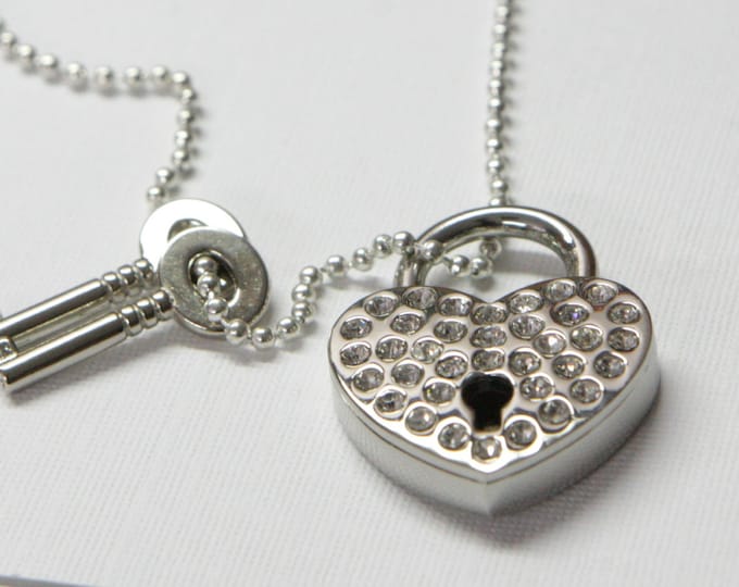 Long Necklace - Working Padlock Necklace - Heart Shaped crystal Padlock Necklace - Valentines day gift