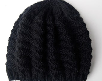 Black hand knit hat - knitted black hat - black knitted beanie - women ...