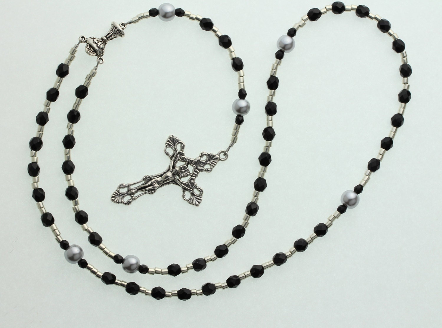 Catholic Black Rosary Prayer Beads Silver Pearls And Cross