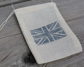 Set of 10 Hand stamped Union Jack British Flag Muslin Party Favor Bags 100% organic made in america