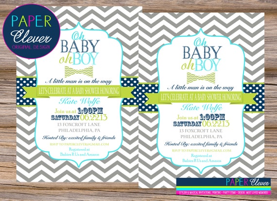 OH BOY baby shower invitation, bowtie, navy, lime, aqua - digital, printable file #127 Il_570xn