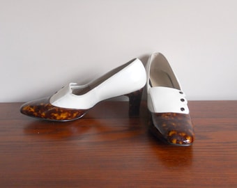 Vintage Shoes White Pumps Brown Patent Leather Shoes Lifestride Heels Women's 8.5 High Heel NOS