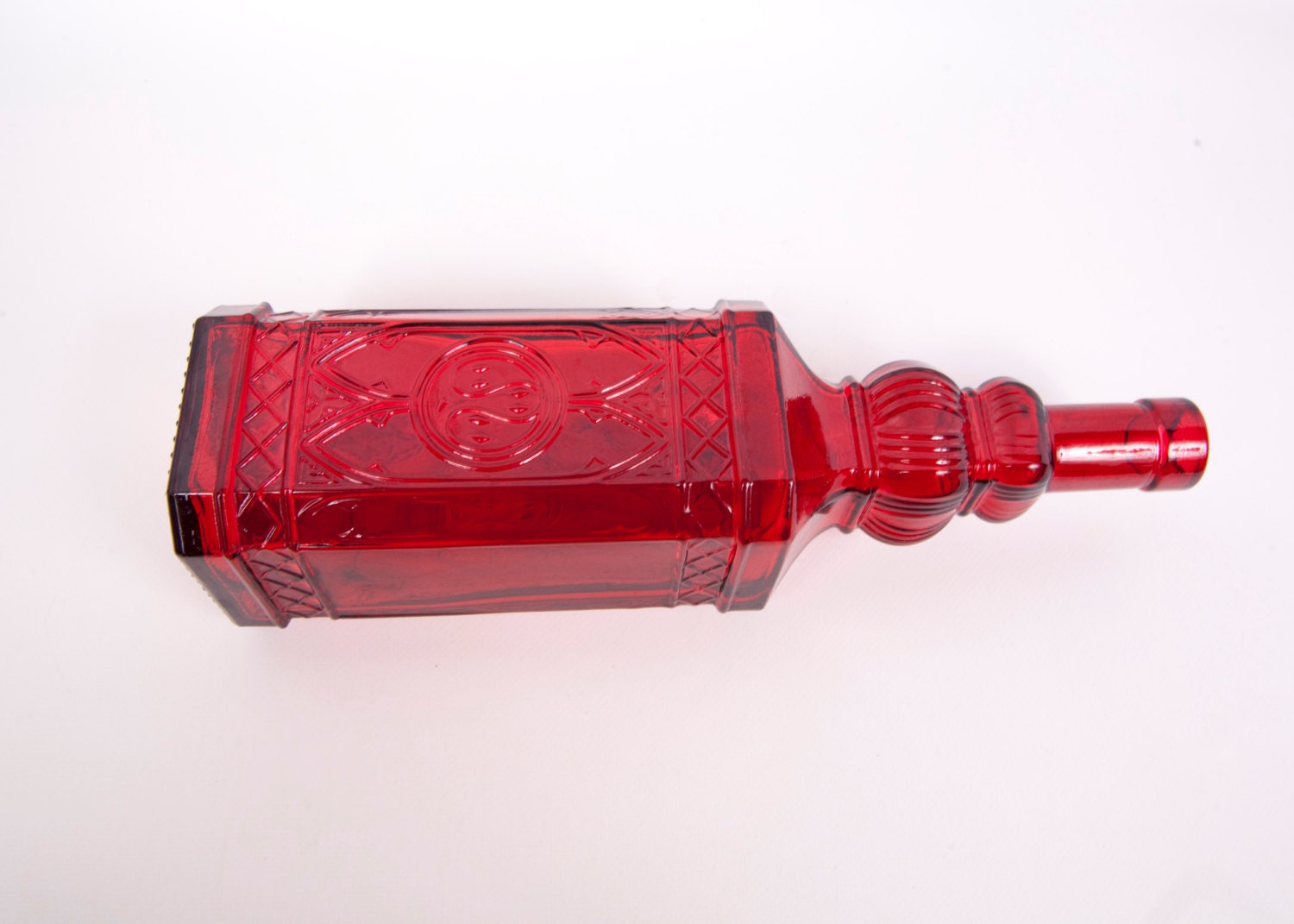 Vintage Ruby Red Glass Bottle Square Apothecary Embossed Wine
