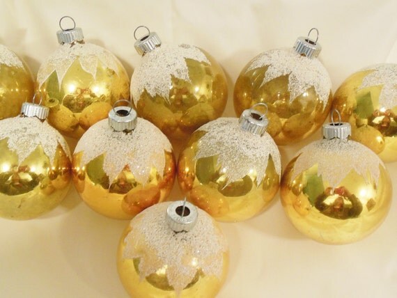 Shiny Brite Gold Christmas Ornaments with Glitter Snow Set of Ten ...
