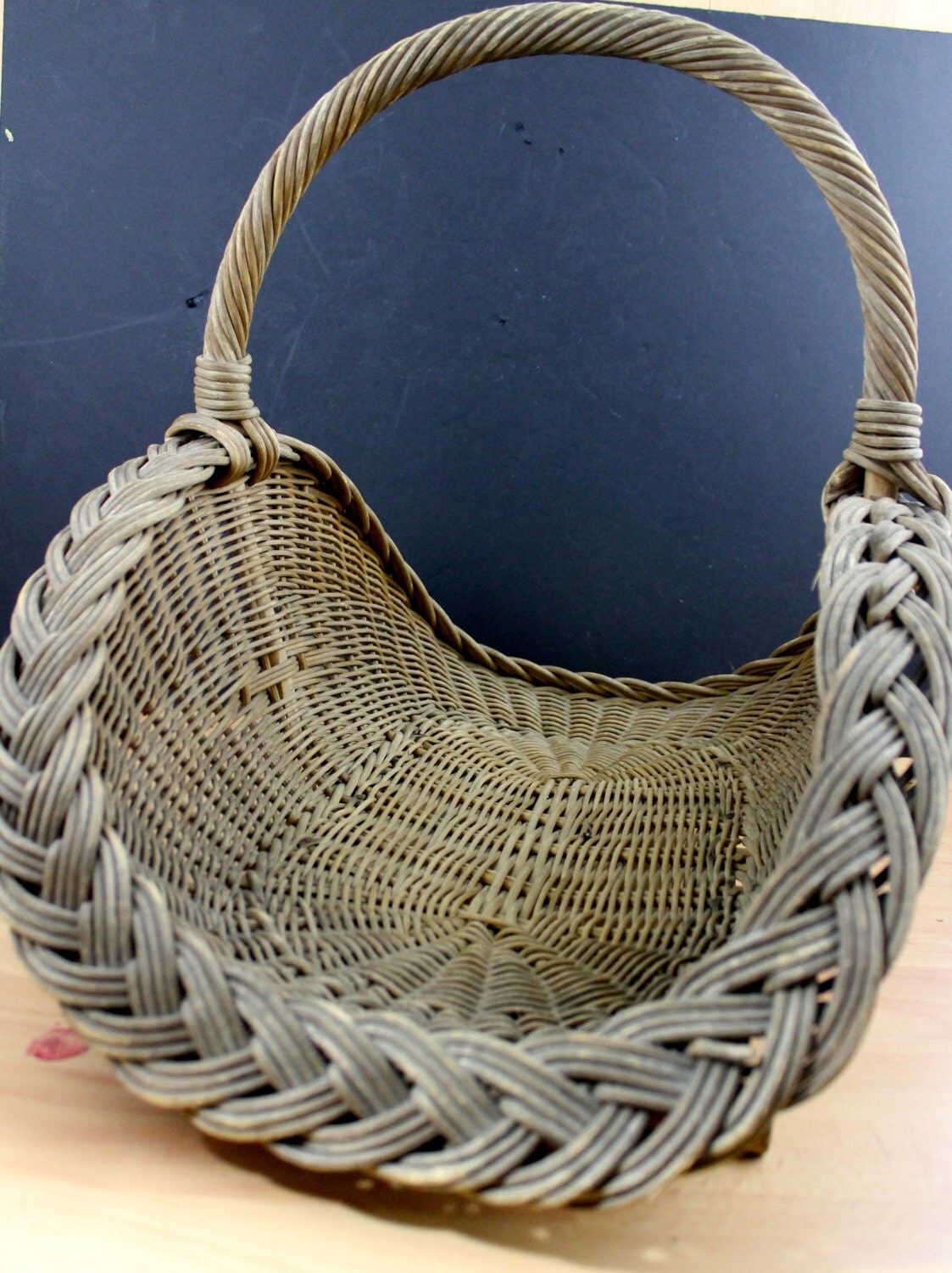 Sale Antique Wide Weaved Wicker Hearth Basket Primitive Wicker