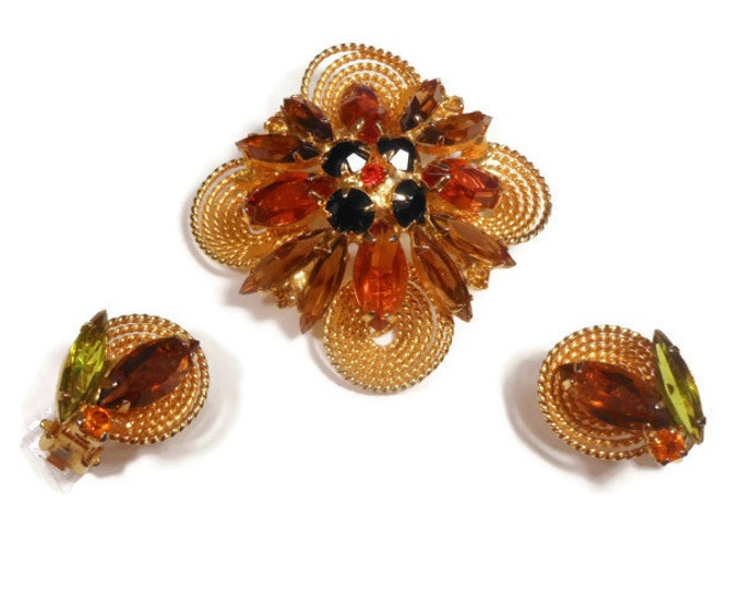 FREE SHIPPING Juliana brooch and earrings, DeLizza & Elster brooch and clip earrings amber and topaz navettes with braid design