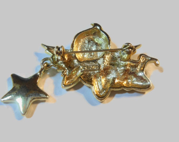 FREE SHIPPING AJC cherub brooch, signed gold tone cherub brooch pin with star charm, matte and shiny finish