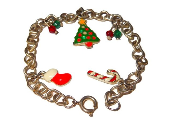 Christmas charm bracelet, colorful enamel charms on a silver tone link bracelet