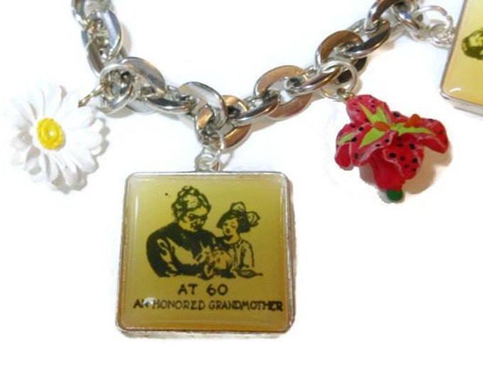 Mother Grandmother charm bracelet, stages of life upcycled Grandma silver charm bracelet with quaint vignettes and flowers.