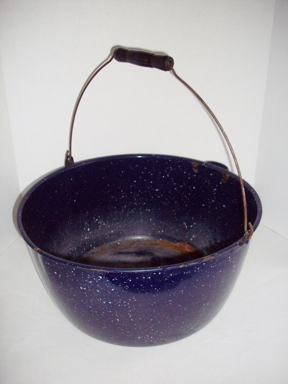 Vintage Enamelware Pot Wood Handle Cobalt by NanNasThings on Etsy