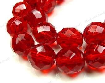 10mm Red Faceted Fire Polished Round Czech Glass Beads - 16 Inch Strand - BD21
