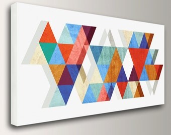 Mid Century Modern Art - Panorama size up to 3x6 feet - Canvas Print - Colorful Triangles on White - Vintage Modern Wall Decor - "Stagger"