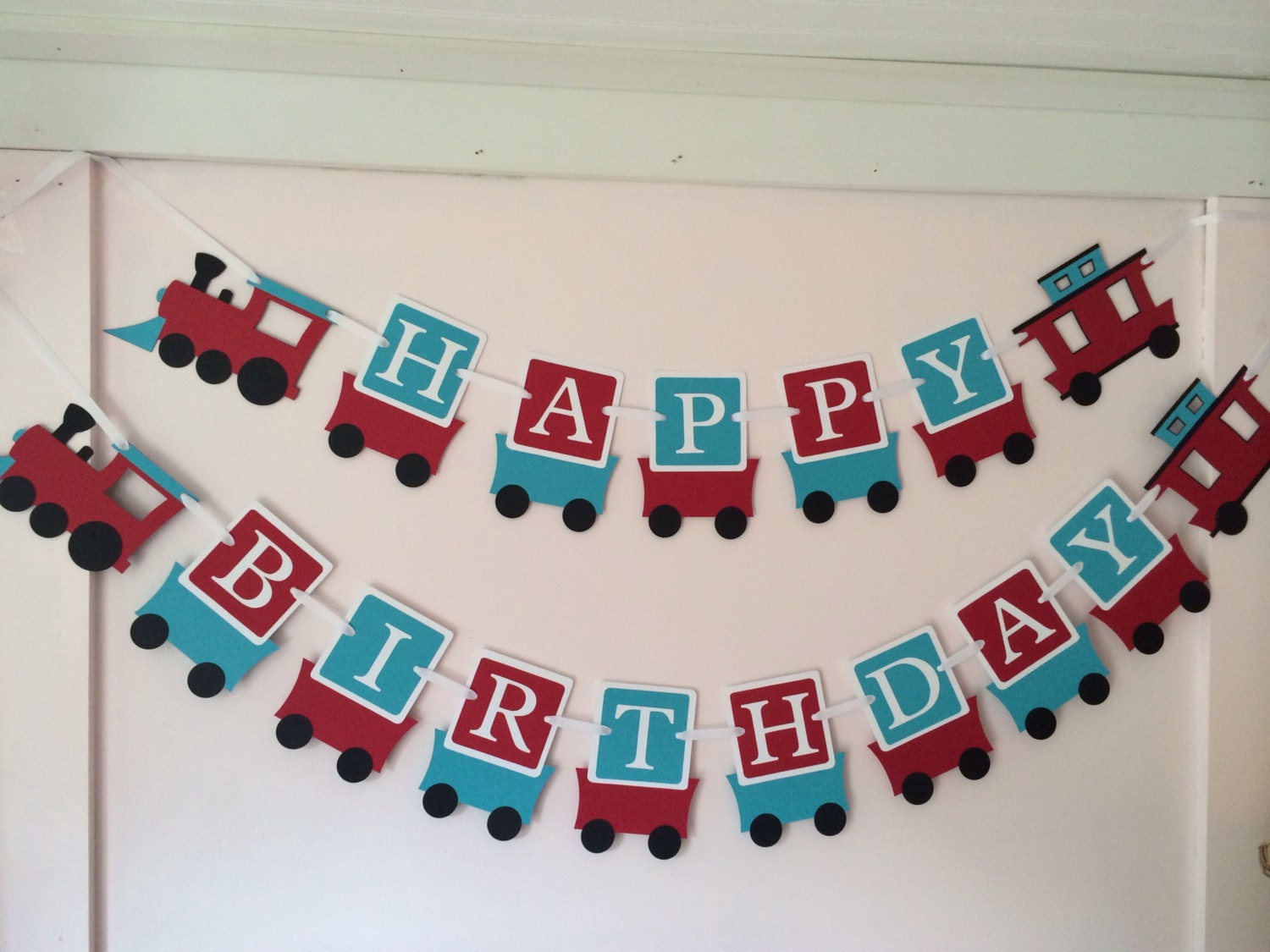 Train Birthday Banner/ Red/ Turquoise/ Train by PinkPaperCottage