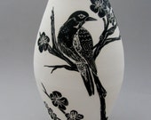 Black and White Hand Painted and Carved Ceramic Vase, "Bird in Tree", Functional Art Pottery