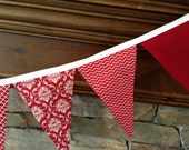 RED and WHITE DAMASK fabric garland, party decor pennant flag bunting banner - 9 feet Il_170x135