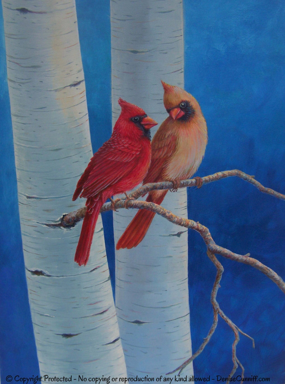 Bird art Red cardinal painting Canvas wall art Birch tree