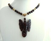 Brown Bronzite Stone Elephant Necklace, Hand Carved Bone, Beaded Statement Necklace