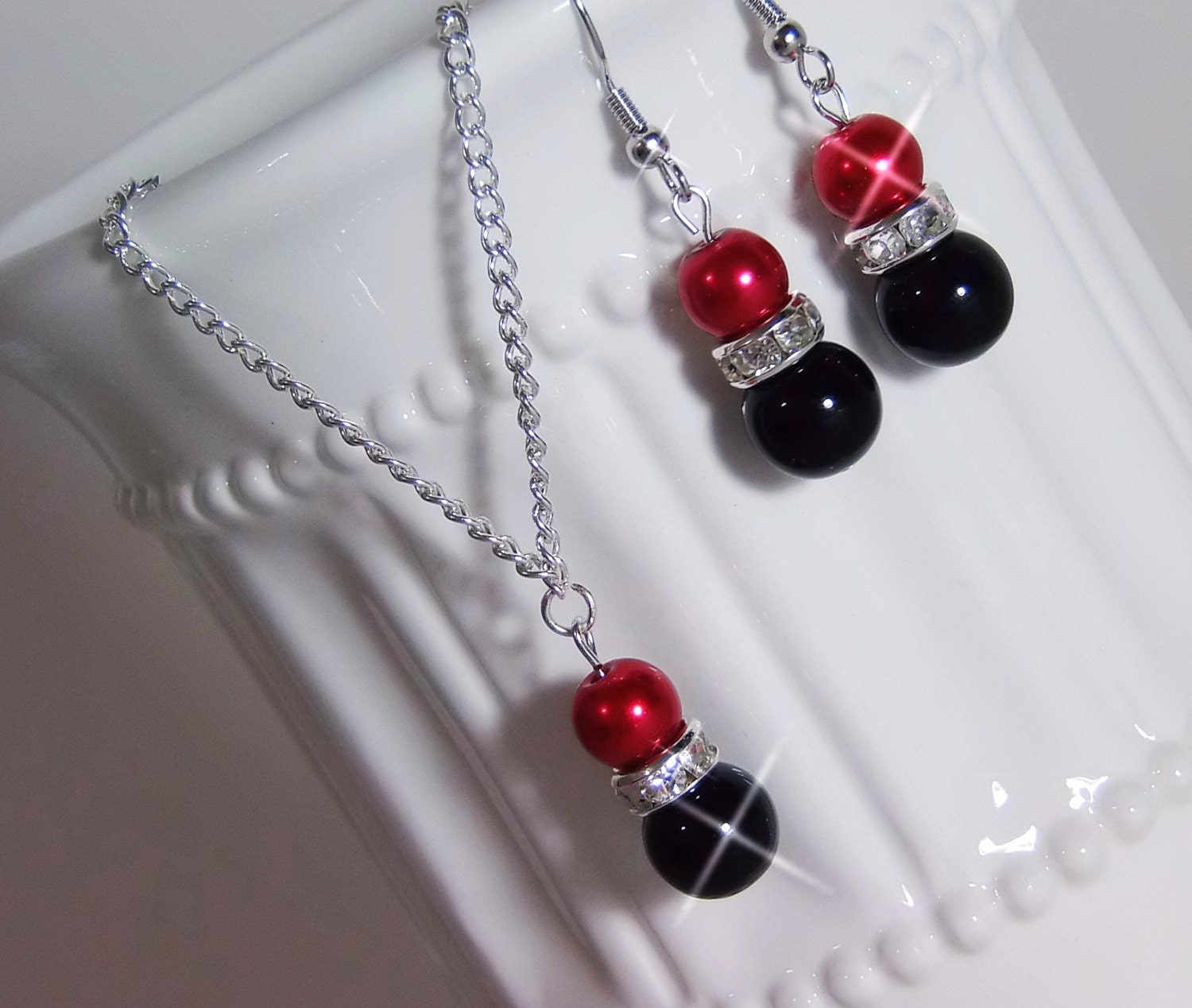 Bridesmaid Pearl Red and Black Jewelry Set Pearl Necklace