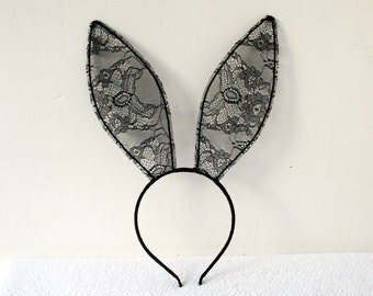 Black lace bunny ears ( 20 cm) headband - Made to Order