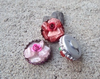 Bottle Cap Magnets, Set of 3 Magnets, Tumbled Glass Magnets, Rose Magnets, Cupcake magnets, Rose magnets, Kitchen Magnets, Kid Magnets