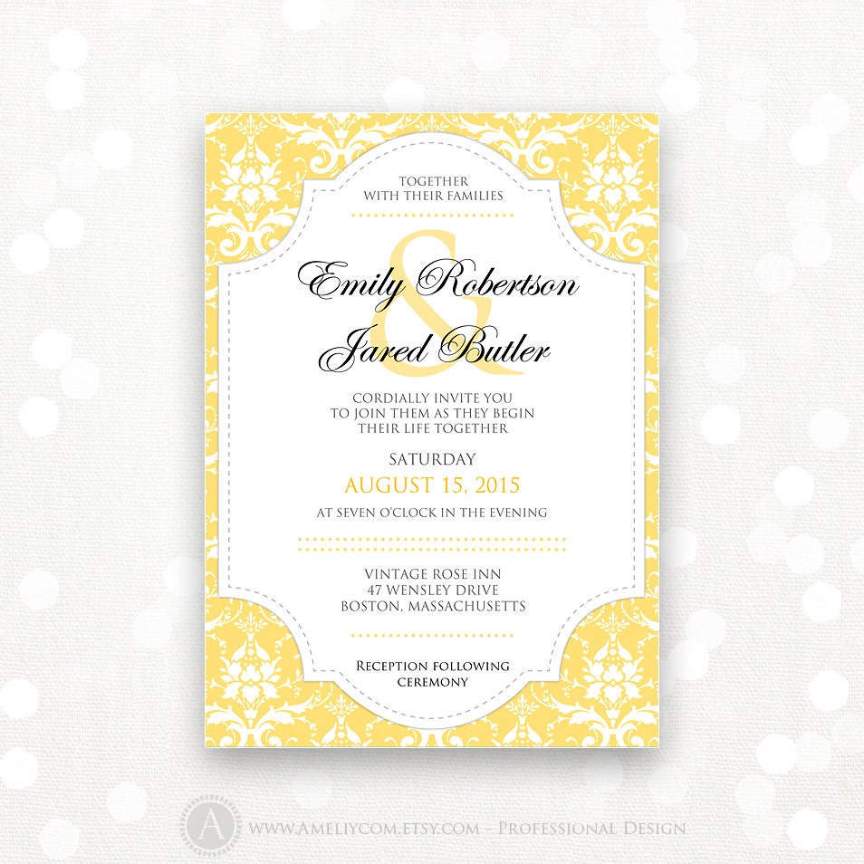 Printable Wedding Invitation Yellow Damask Gold Weddings