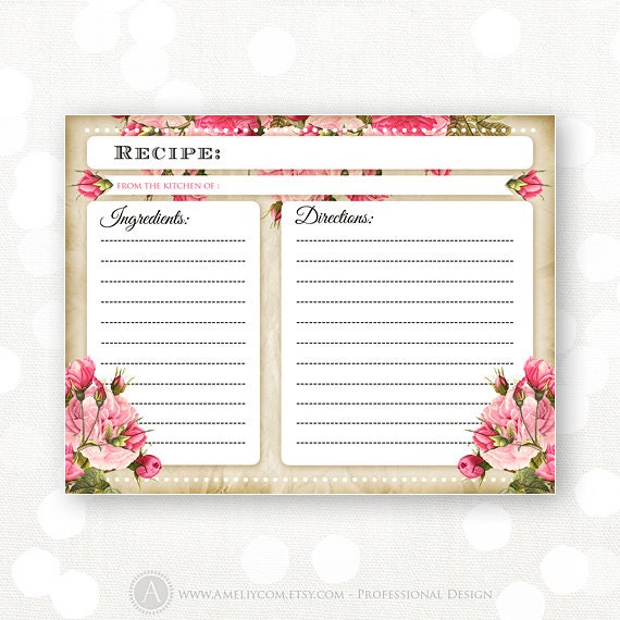 Printable Recipe Card for Bridal Shower Rustic Flowers Pink Printable Recipe Card for Bridal Shower Rustic Flowers Pink