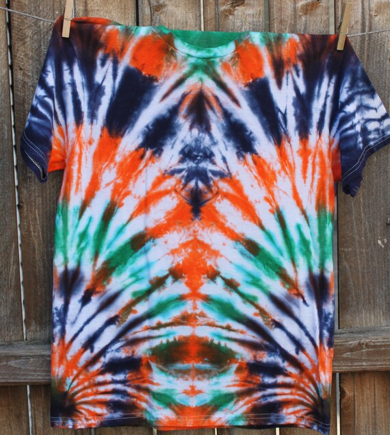 Tie Dye T-Shirt Adult Small Green Orange and Navy Blue