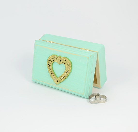 Wedding  Ring Bearer Boxes, Mint Green Engagement Ring Box, Distressed Ring Gold Glitter Heart Bearer Box, Pillow Alternative