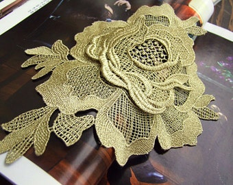 gold lace applique, gold lace trim, gold rose applique,3D Luxury Rosette Applique for Costume Design Altered Couture