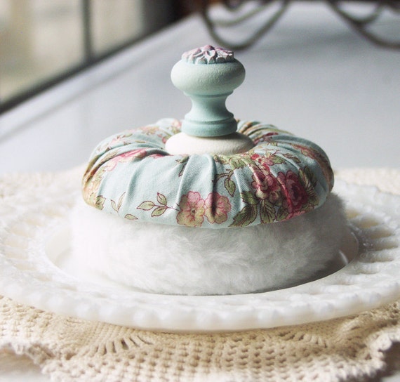 Vintage Inspired Powder Puff with Hand Painted Wood Handle