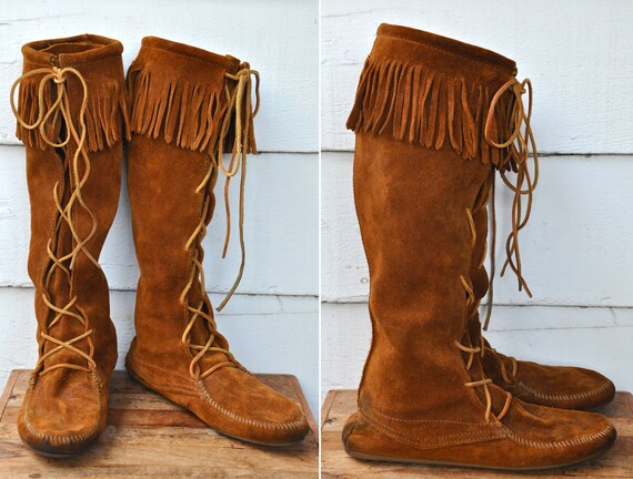 knee high lace up moccasin boots