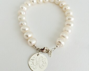Monogram Freshwater Pearl Bracelet with Sterling Silver for Bridal Bridesmaid Present
