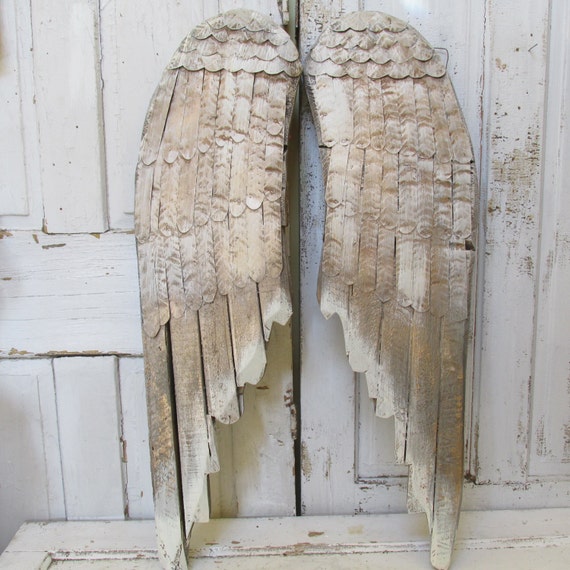 Wood metal angel wings hand painted dove gray white weathered